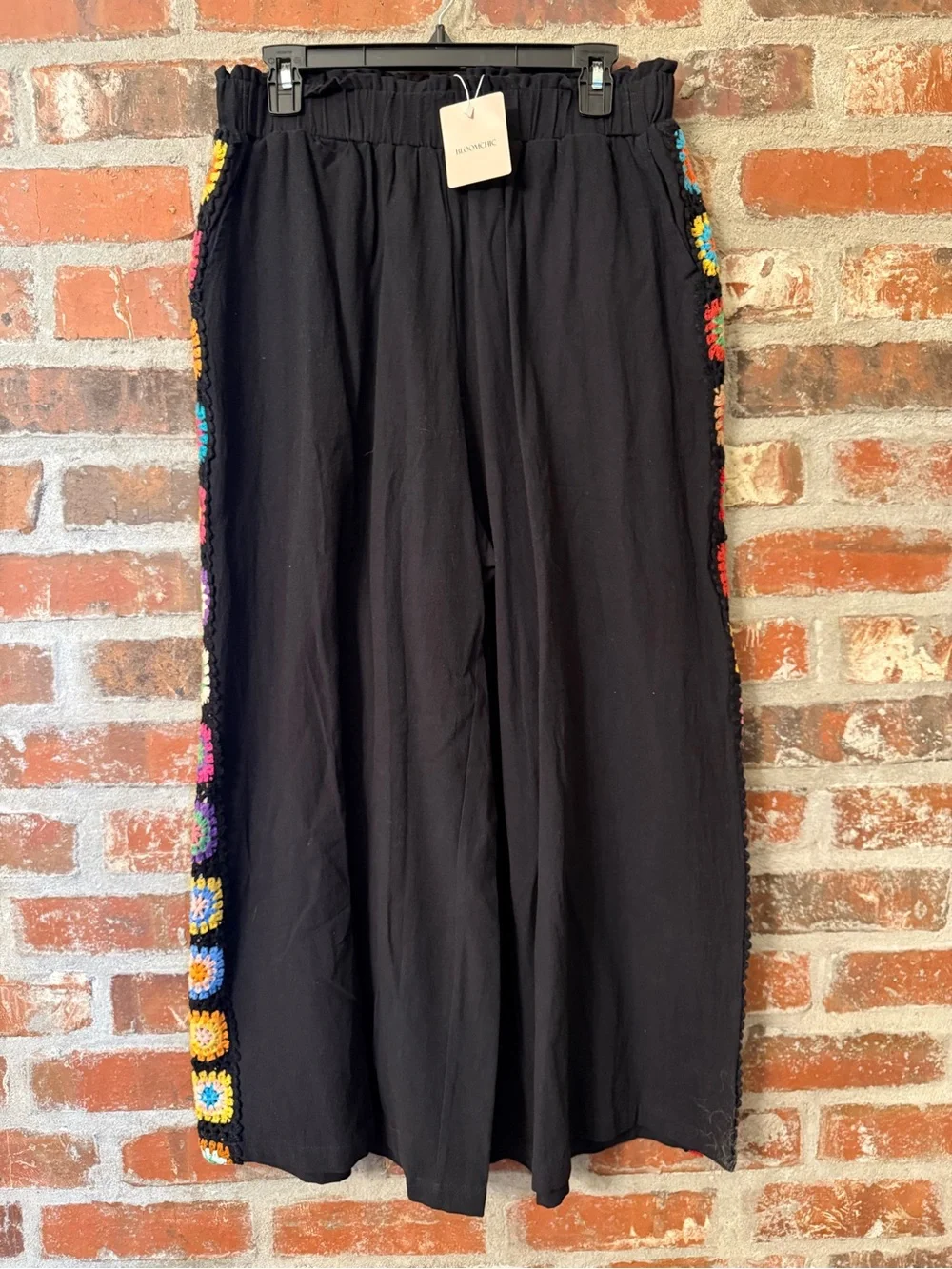 P98 - BloomChic Black Wide Leg Pants with Multicolor Crochet Trim